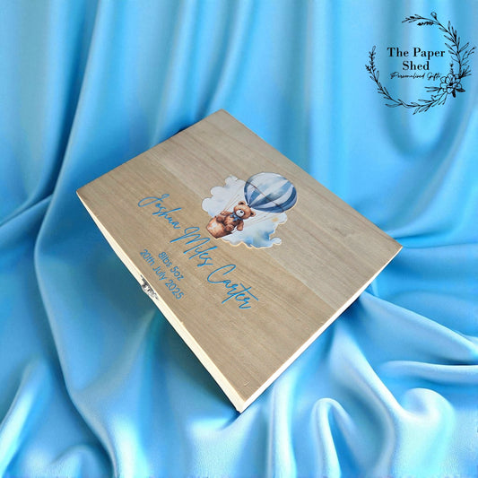 Baby Memory Keepsake Box Blue Hot Air Balloon And Teddy Bear