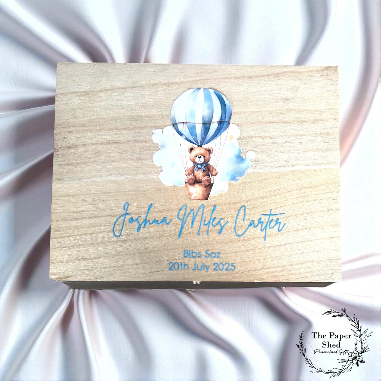 Baby Memory Keepsake Box Blue Hot Air Balloon And Teddy Bear