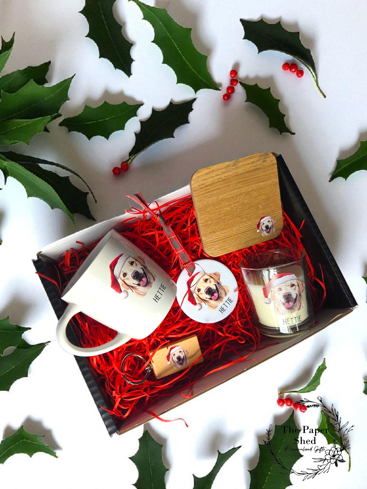 Personalised Pet Dog Breed Christmas Gift Hamper Dog Lovers Hamper Mug Bauble Candle Coaster