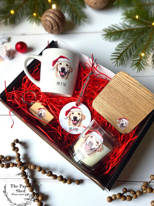 Personalised Pet Dog Breed Christmas Gift Hamper Dog Lovers Hamper Mug Bauble Candle Coaster