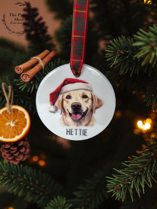 Personalised Pet Ceramic Bauble With Name & Christmas Tartan Ribbon