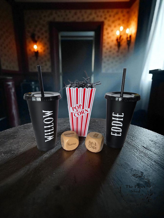Personalised Gothic Scary Movie/Film night / date night/ hamper, box, popcorn,  cinema, tumbler, drink, cup, dice, couple gift,  Halloween
