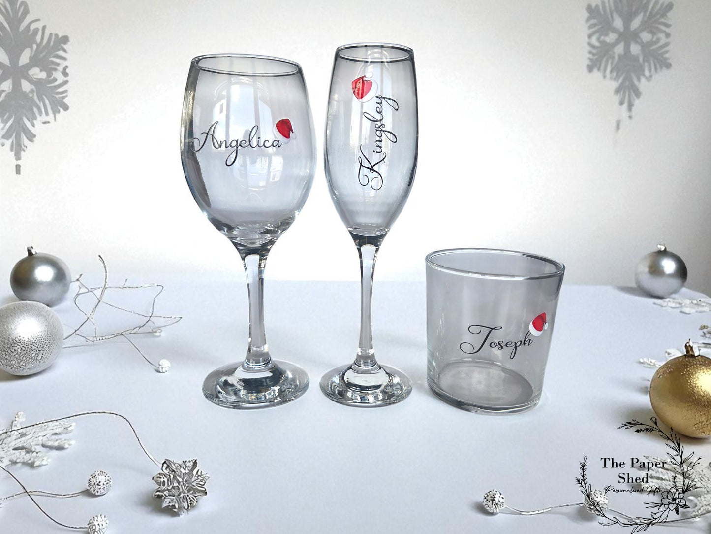 Personalised Christmas Day Party Champagne, kids tumbler, wine Glasses Flutes Special Day Dining Sets Santa Hat design