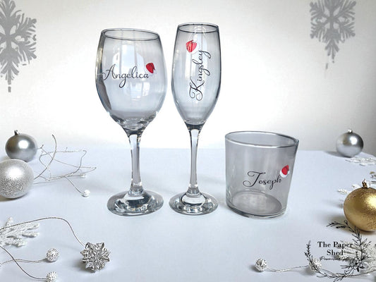 Personalised Christmas Day Party Champagne, kids tumbler, wine Glasses Flutes Special Day Dining Sets Santa Hat design