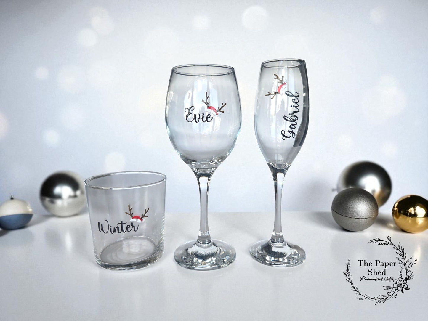 Personalised Christmas Day Party Champagne, kids tumbler, wine Glasses Flutes Special Day Dining Sets Reindeer Antler Design