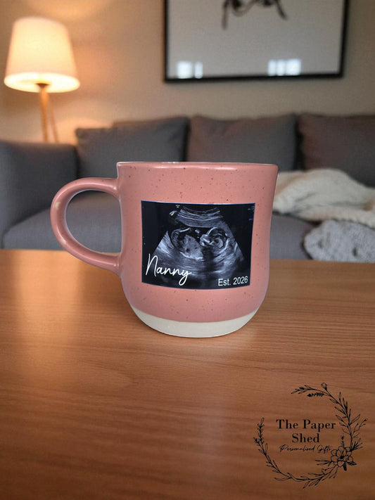 Baby Ultrasound Scan Photo Printed Personalised Biscuit Base Mug Name Gifts Baby Pregnancy Reveal Established
