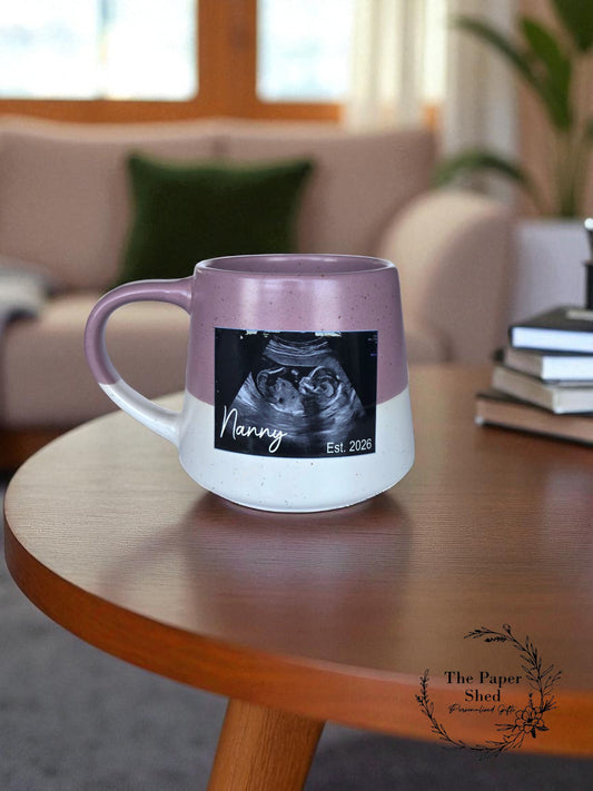 Baby Ultrasound Scan Photo Printed Personalised stripe speckled Mug Name Gifts Baby Pregnancy Reveal Established
