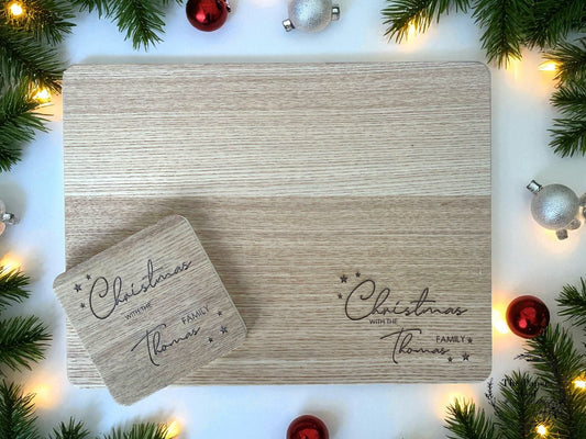Engraved personalised Family Christmas Wooden Placemats and Drinks Coaster Sets Festive Dinner Table