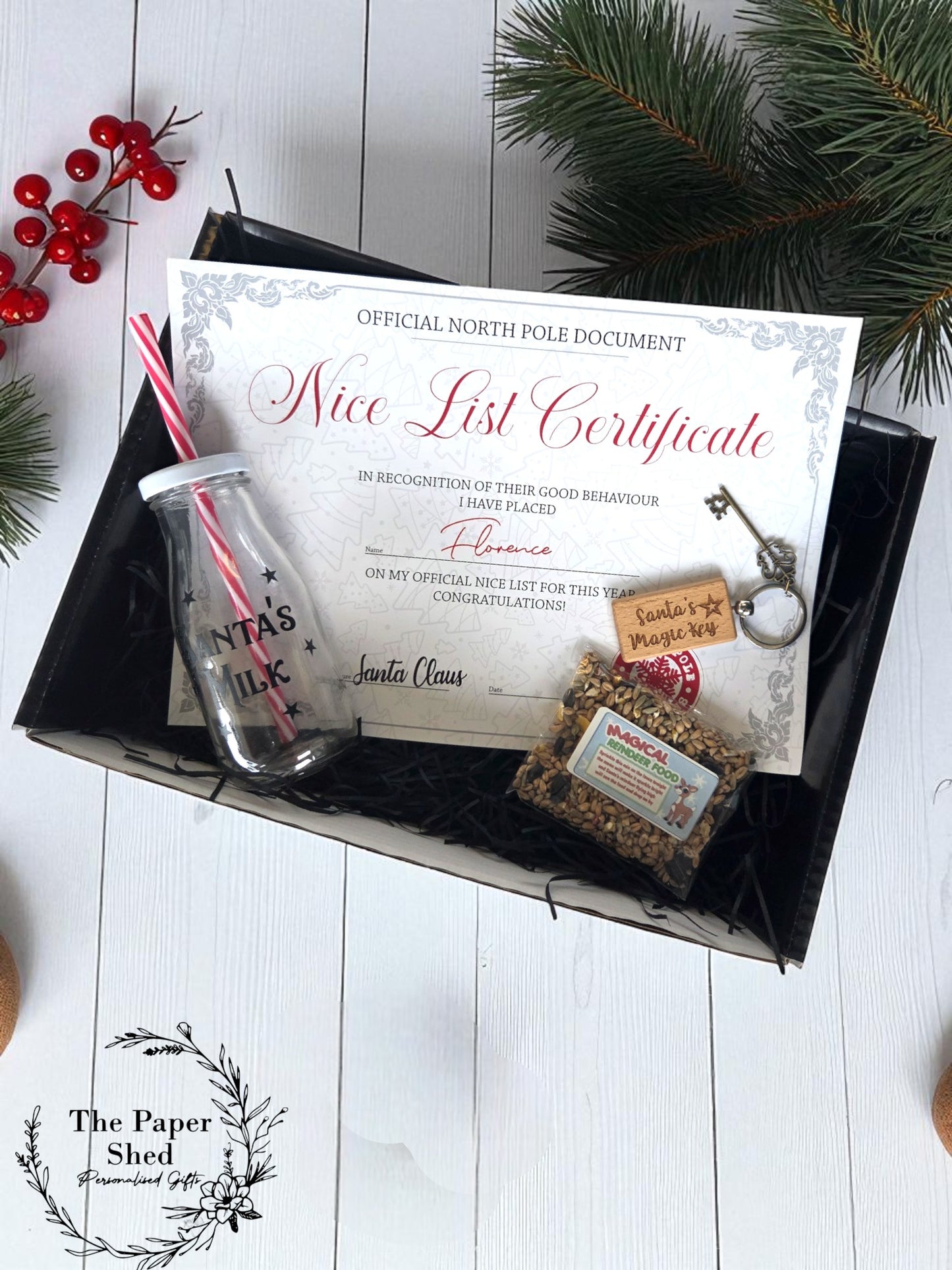 Personalised Christmas Eve Gift Hamper with Optional add-ons. Certificate, reindeer food, key, Santa Board, Stocking, Sack, Xmas Eve Box