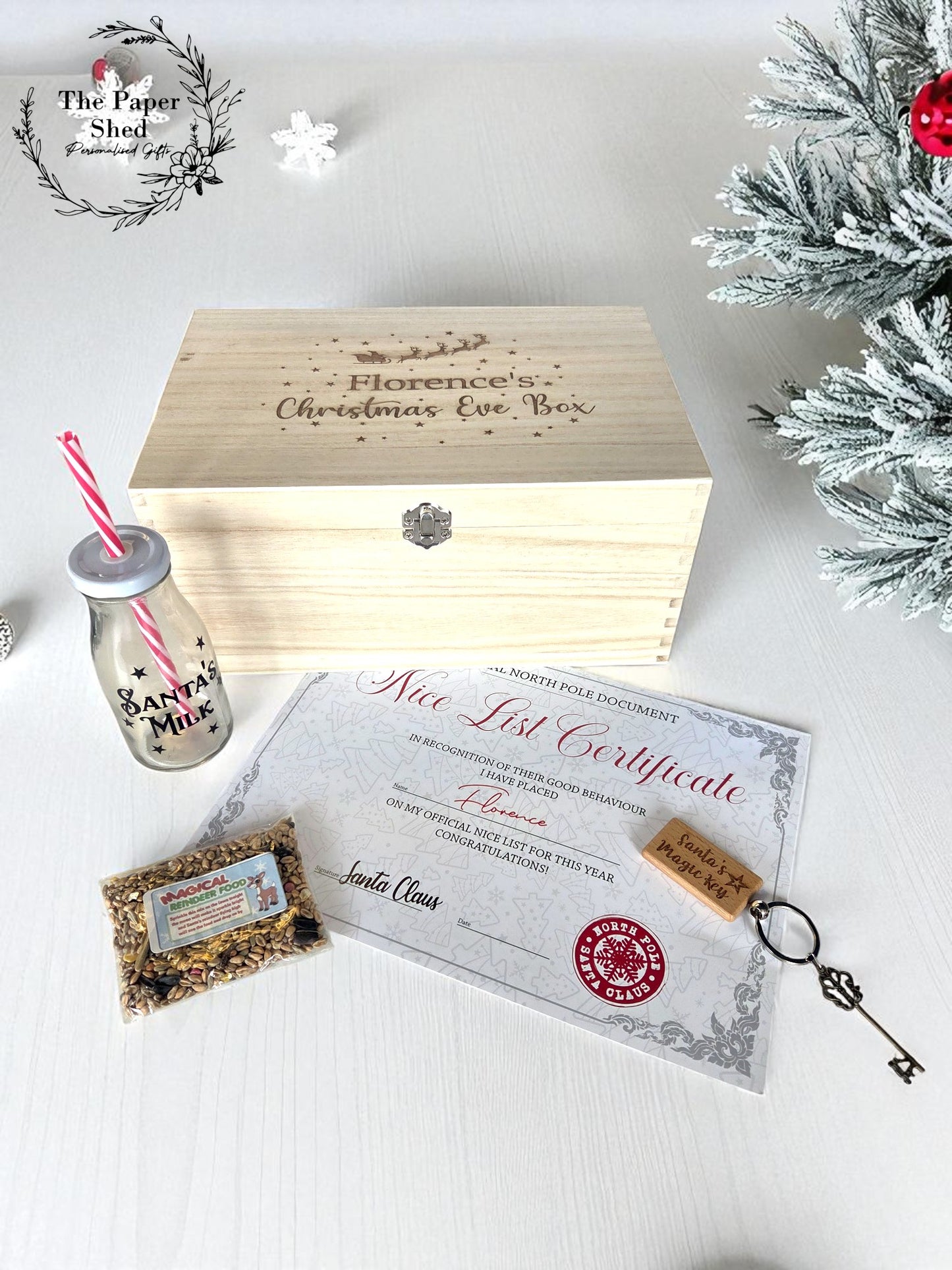 Personalised Christmas Eve Gift Hamper with Optional add-ons. Certificate, reindeer food, key, Santa Board, Stocking, Sack, Xmas Eve Box