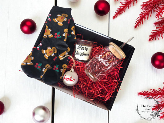 Personalised Christmas Gift Hamper Mug Jar Bauble Candle Socks