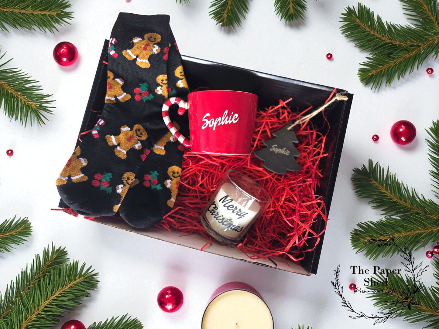 Personalised Christmas Gift Hamper Mug Jar Bauble Candle Socks