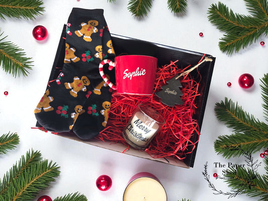 Personalised Christmas Gift Hamper Mug Jar Bauble Candle Socks