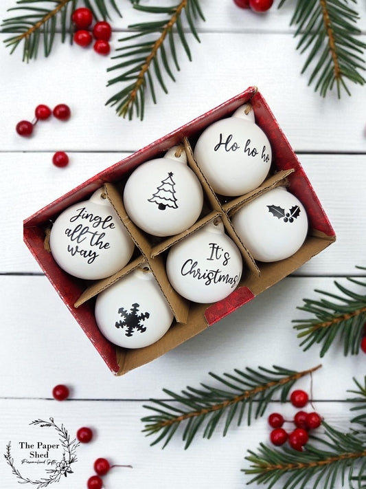 Christmas Festive Themed ceramic baubles 6 or 12 pack tree decorations