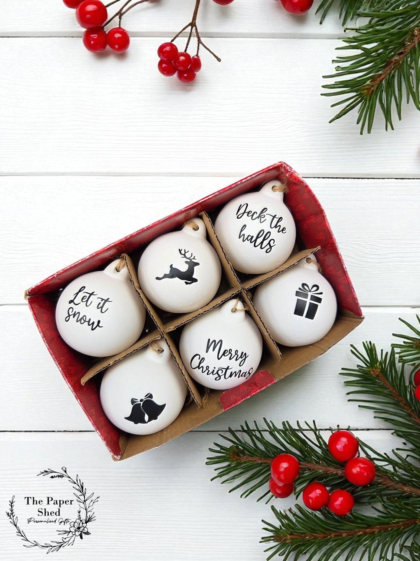 Christmas Festive Themed ceramic baubles 6 or 12 pack tree decorations