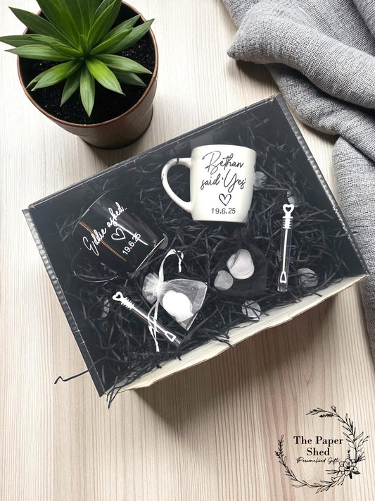 Engagement Gift Hamper He asked and She said yes, Couple Gift Wedding Engaged named mugs hamper Style 2
