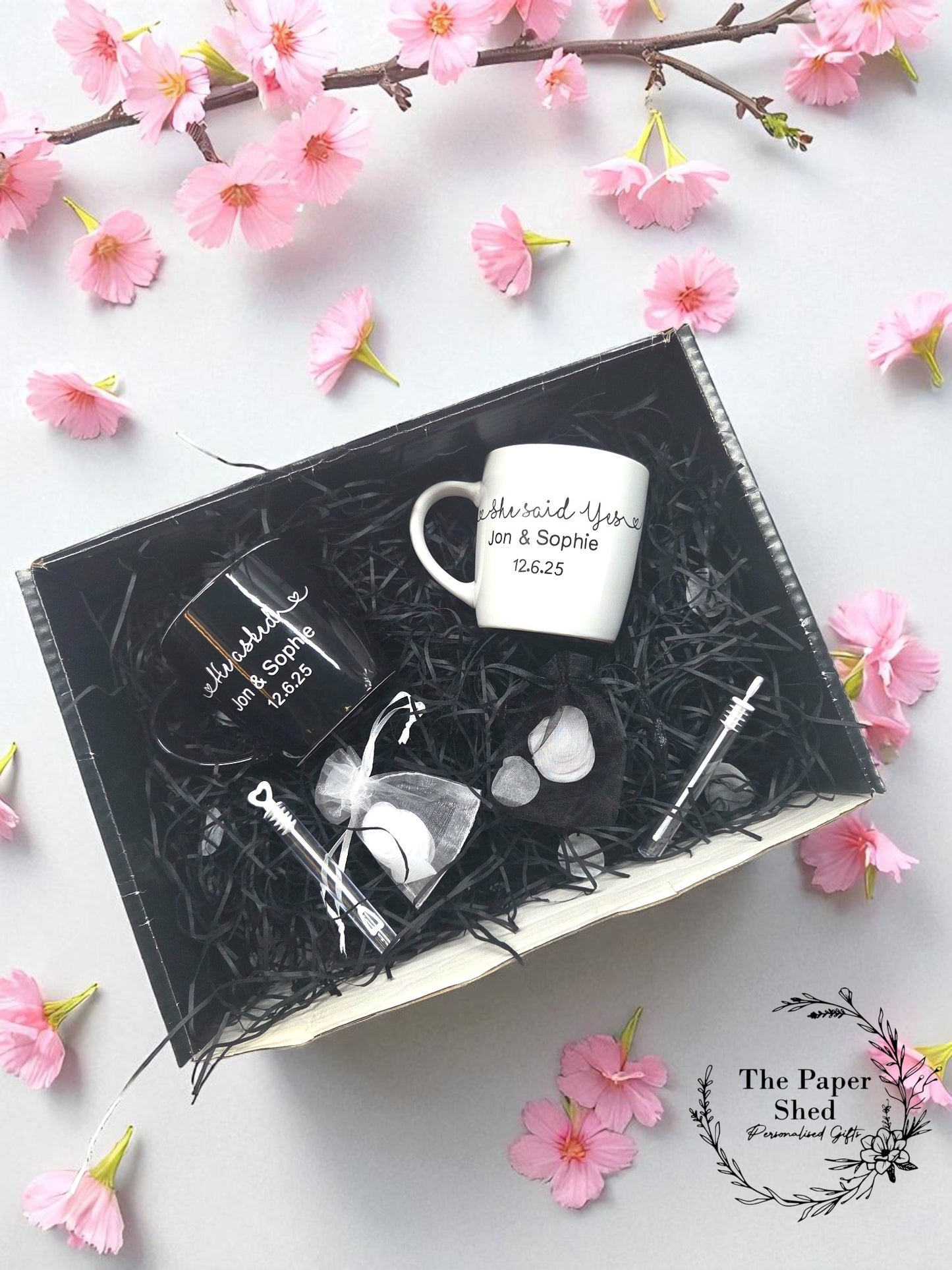 Engagement Gift Hamper He asked and She said yes, Couple Gift Wedding Engaged named mugs hamper