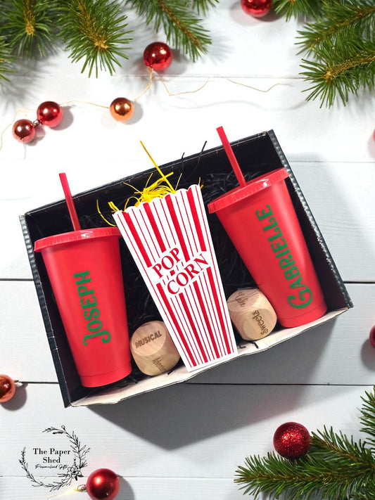 Christmas Themed Personalised Movie/Film night / hamper box, popcorn, name, cinema, tumbler, drink, cup, dice, Christmas Gift, elf, Santa