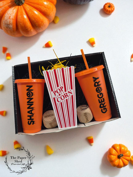 Spooky Halloween Pumpkin Themed Personalised Movie/Film night / hamper box, popcorn, name, cinema, tumbler, cup, dice, Christmas Gift,