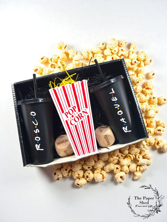 The Friendly Personalised Movie/Film night / hamper box, popcorn, name, cinema, tumbler, drink, cup, dice, Christmas Gift, birthday
