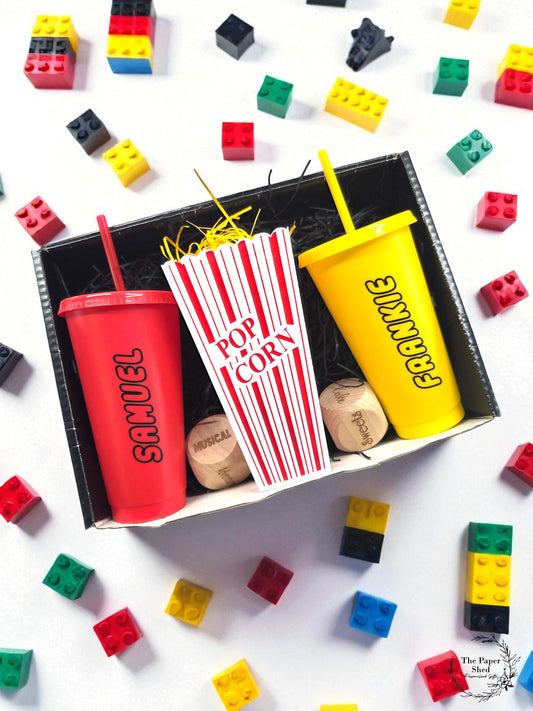 Coloured Building Block Personalised Movie/Film night / hamper box, popcorn, name, cinema, tumbler, cup, dice, Christmas Gift, birthday