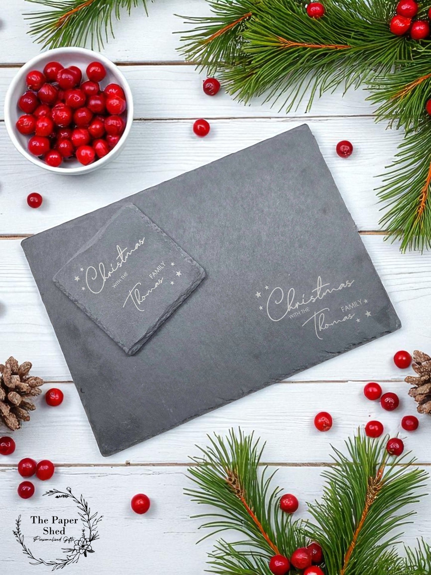 Engraved personalised Family Christmas Slate Placemats and Drinks Coaster Sets Festive Dinner Table