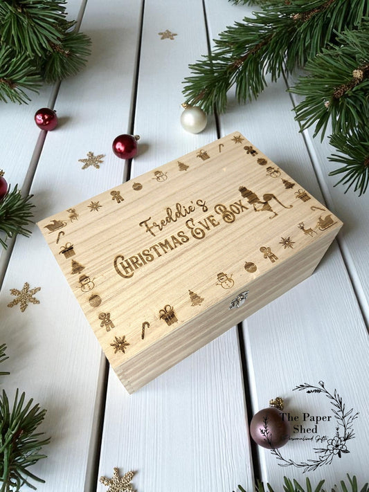Personalised Christmas Eve Box Santa's Workshop Elf Reindeer Gingerbread Man Tree Bauble Wooden Engraved Memory Box