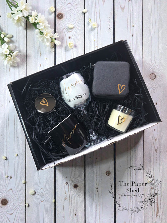 Mother's Day Mum Mummy Hamper Gift Set - Personalised Special Mothers Present -Wine glass-mug-candle- For Her-message-heart