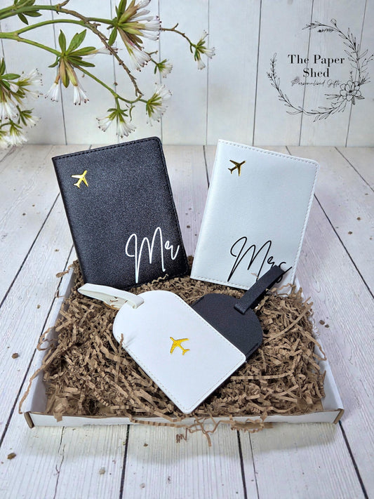 Wedding Couples Matching Passport Covers Luggage Tags Honeymoon Mr & Mrs