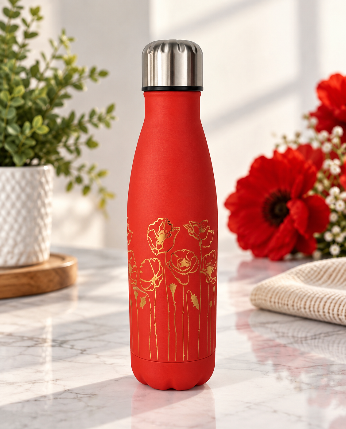Poppy Print Engraved Thermal Water Bottle v1