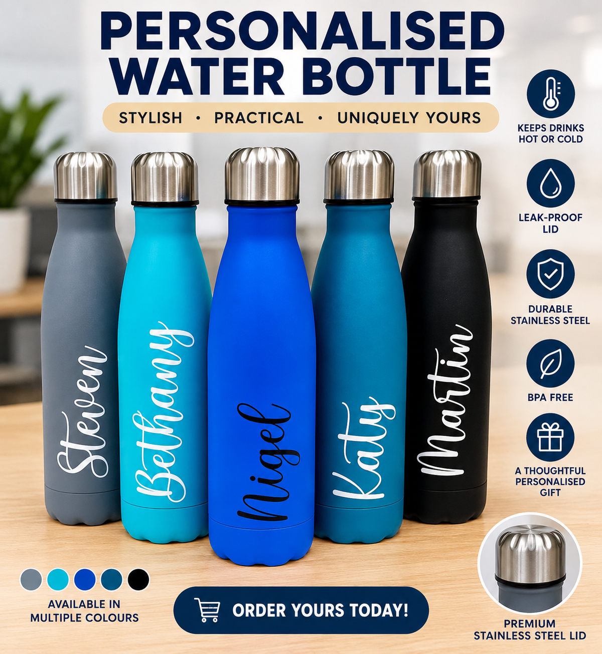 Personalised Name Thermal Water Bottle Customised Engraved V1