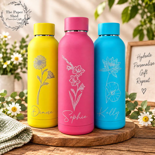 Personalised Birth Flower Engraved Name Thermal Bottle Teacher Gift
