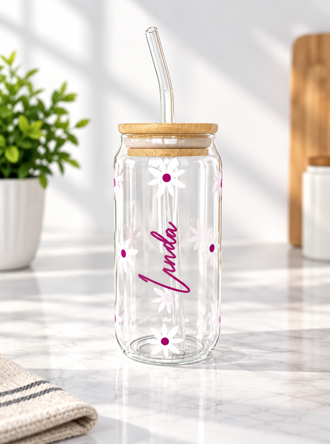 Daisy Coloured Coffee Can Shaped Glass with Bamboo Lid and glass Straw, Iced Coffee Glass, 12oz Cup, with Lid and Straw, Coffee Lovers Gift (Copy)