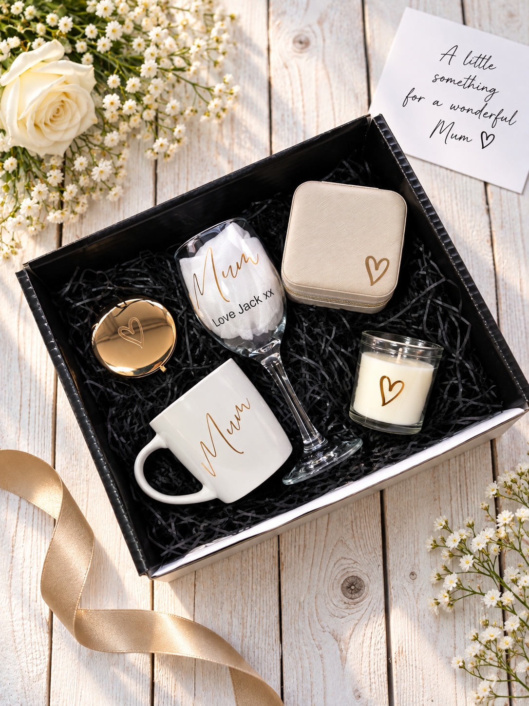 Mother's Day Mum Mummy Hamper Gift Set - Personalised Special Mothers Present -Wine glass-mug-candle- For Her-message-heart
