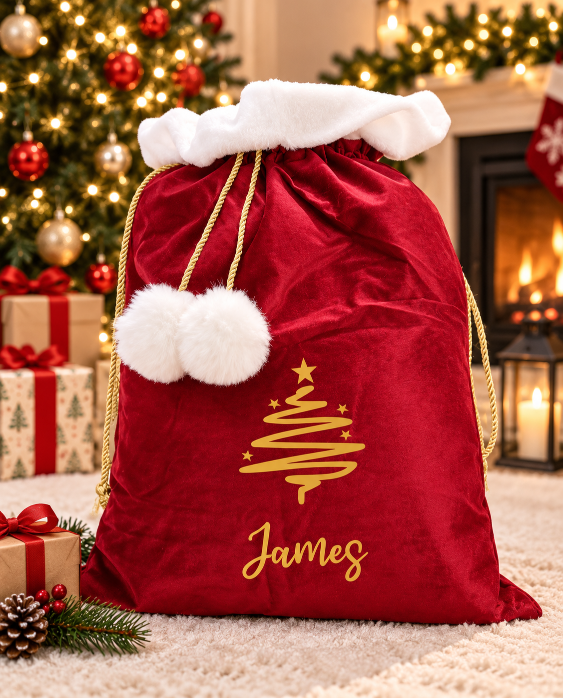 Christmas Velvet Personalised Santa Sack, Christmas Eve Gifts Presents, Christmas Tree with Name