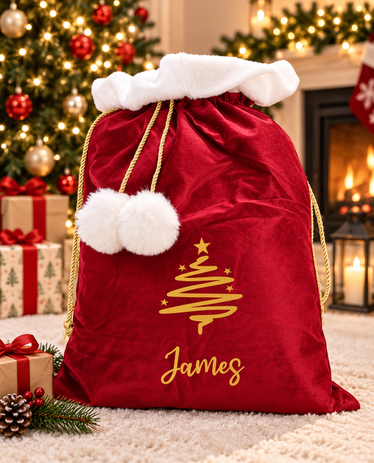 Christmas Velvet Personalised Santa Sack, Christmas Eve Gifts Presents, Christmas Tree with Name