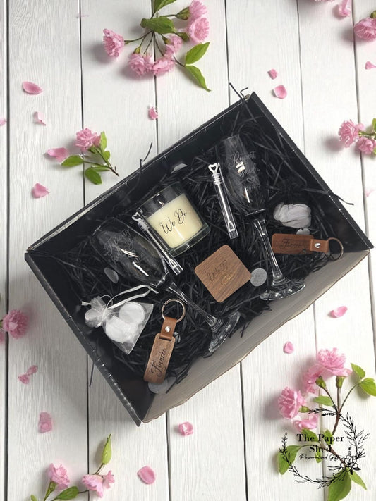 Luxury Personalised Engagement Proposal Gift Hamper He asked Proposed and She said yes, Couple Wedding Engaged Engraved Champagne flutes