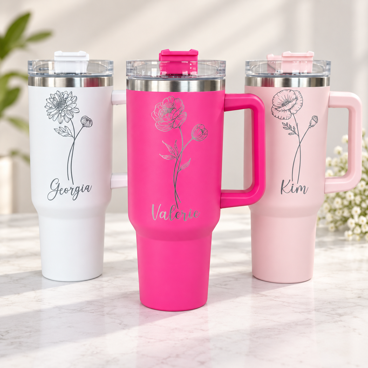 Personalised Birth Flower Engraved Name Thermal Bottle Teacher Gift