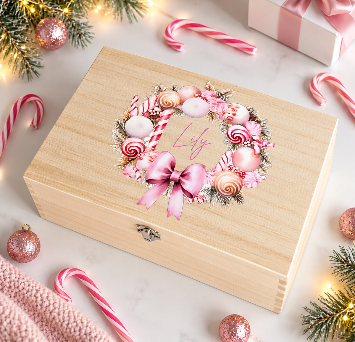Personalised Pink Wreath Christmas Memory Box