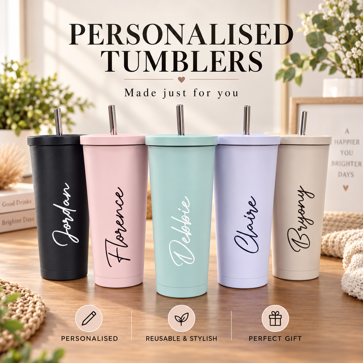 Pastel tall 600ml insulated personalised tumbler with lid and straw metal