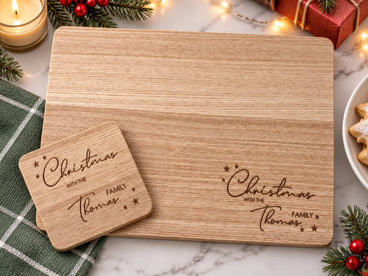 Engraved personalised Family Christmas Wooden Placemats and Drinks Coaster Sets Festive Dinner Table