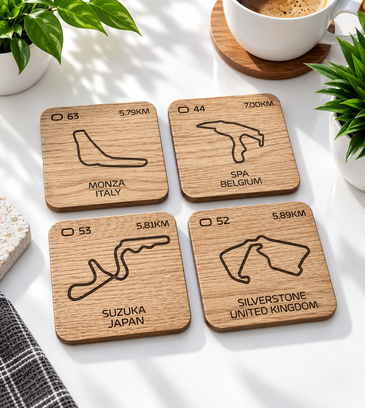 F1 Inspired Track Engraved Drinks Coasters - Pick your own Racing Track Wooden