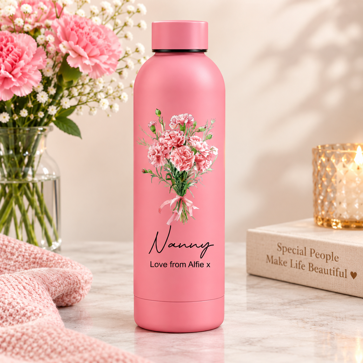 Flowers Personalised Thermal Drinks Bottle Mothers Day Birthday Teacher Gift