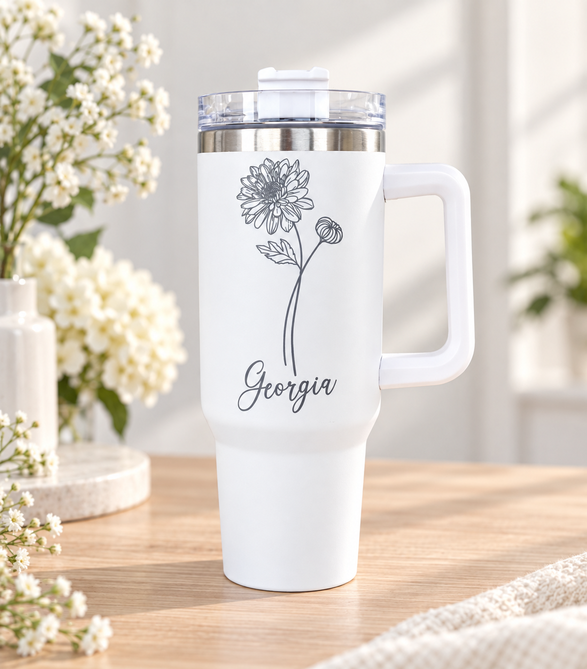 Personalised Birth Flower Engraved Name Thermal Bottle Teacher Gift