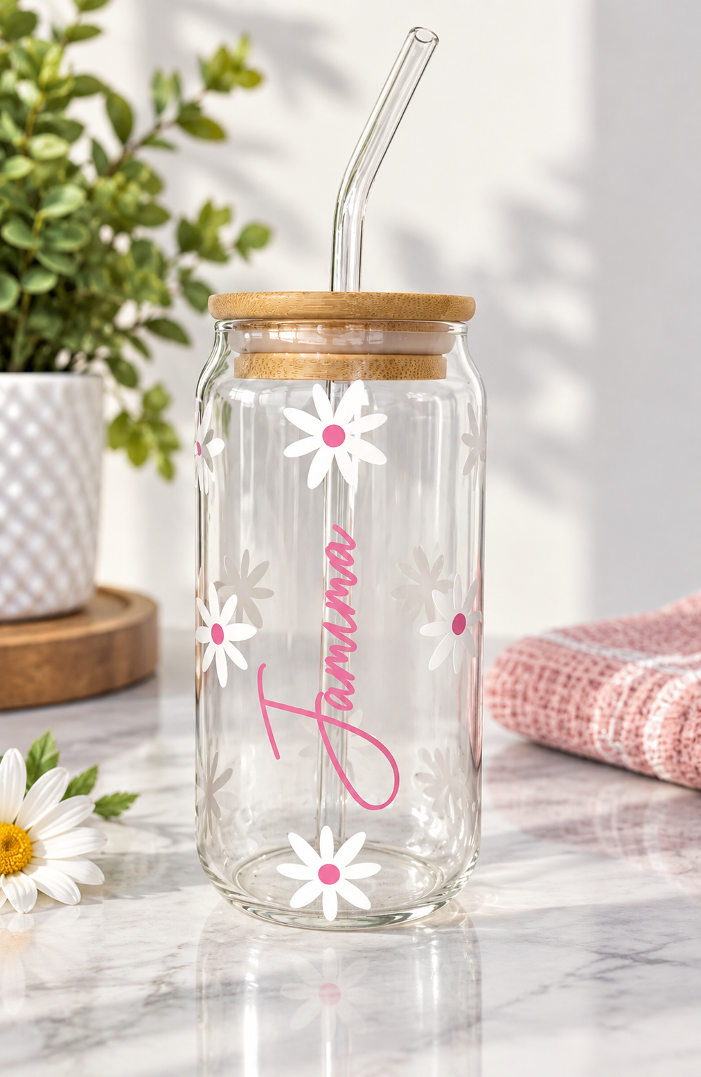 Daisy Coloured Coffee Can Shaped Glass with Bamboo Lid and glass Straw, Iced Coffee Glass, 12oz Cup, with Lid and Straw, Coffee Lovers Gift (Copy)