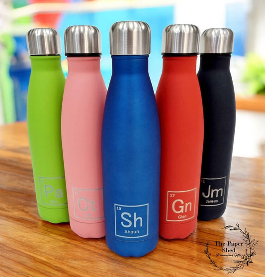 Personalised name thermal water bottle periodic table elements engraved
