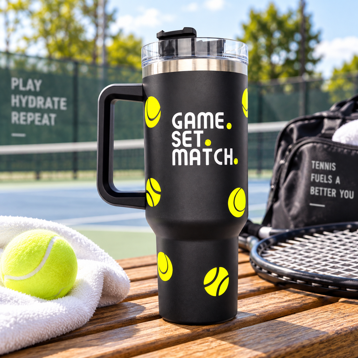 The Tennis Collection, Thermal Mug, 40 oz Cup, Bottle, Travel Mug, Gift, Game Set Match, Supporter