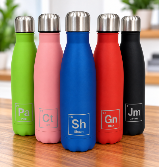 Personalised name thermal water bottle periodic table elements engraved
