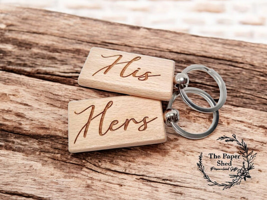 His and hers wooden engraved keyring