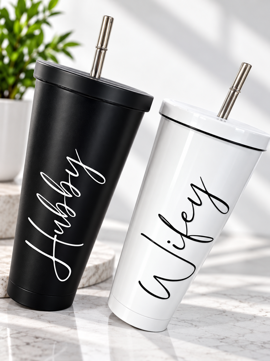 Hubby Wifey Mr Mrs Matching Pastel tall 600ml insulated personalised tumbler with lid and straw metal